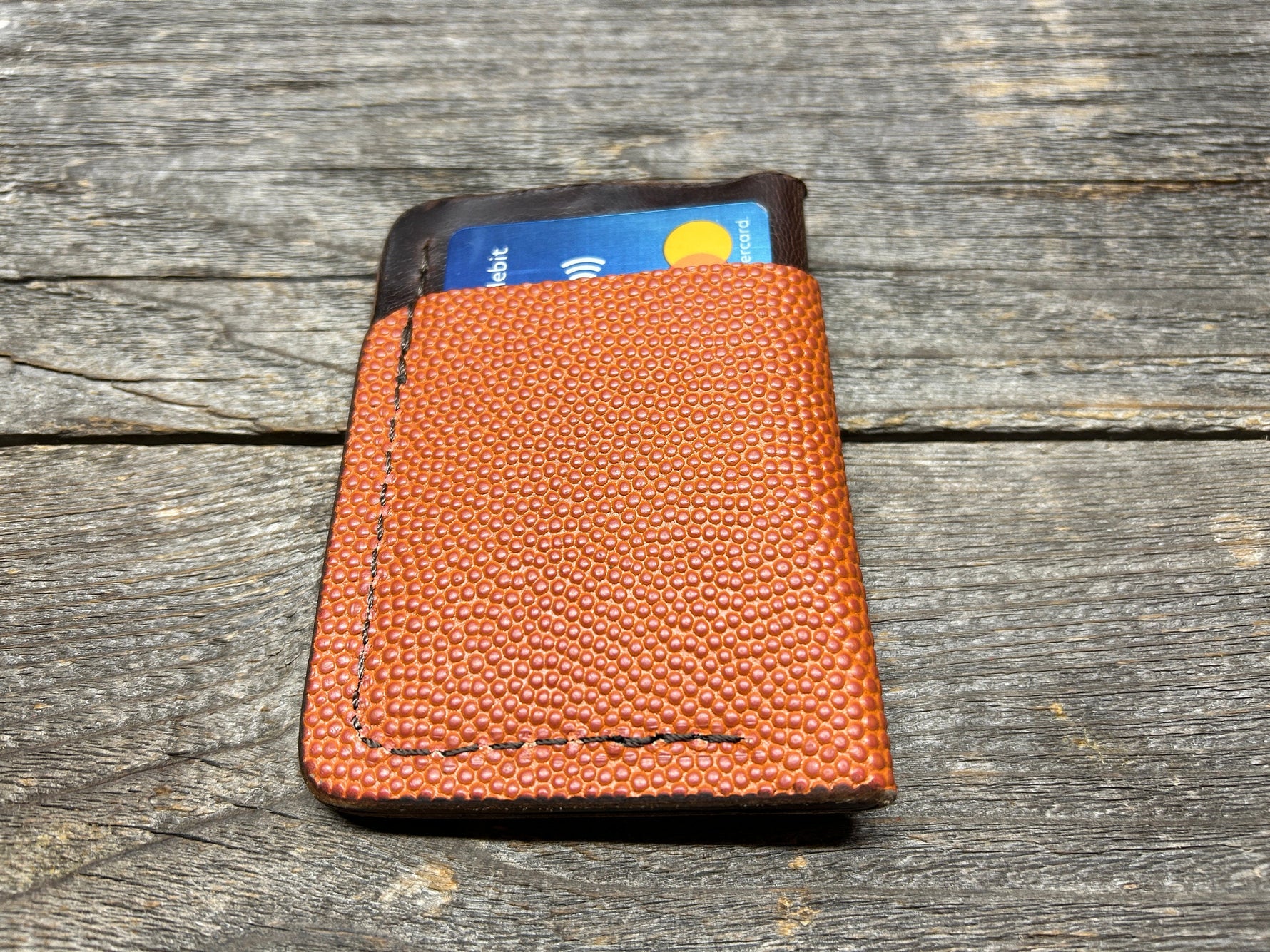 New Style! Horween (Wilson) NBA Basketball Leather Top Loading Wallet with Hidden 3rd Pocket!!