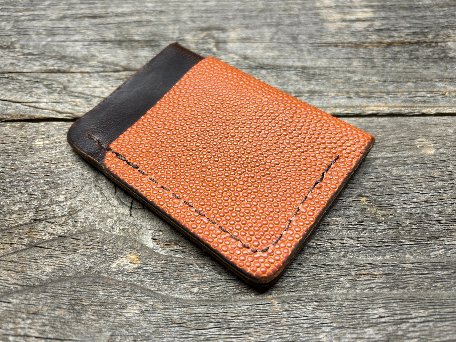 New Style! Horween (Wilson) NBA Basketball Leather Top Loading Wallet with Hidden 3rd Pocket!!