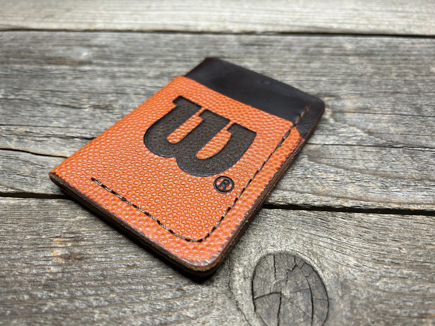 New Style! Horween (Wilson) NBA Basketball Leather Top Loading Wallet with Hidden 3rd Pocket!!