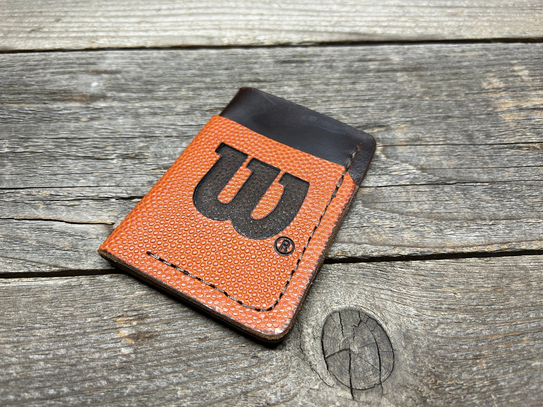 New Style! Horween (Wilson) NBA Basketball Leather Top Loading Wallet with Hidden 3rd Pocket!!